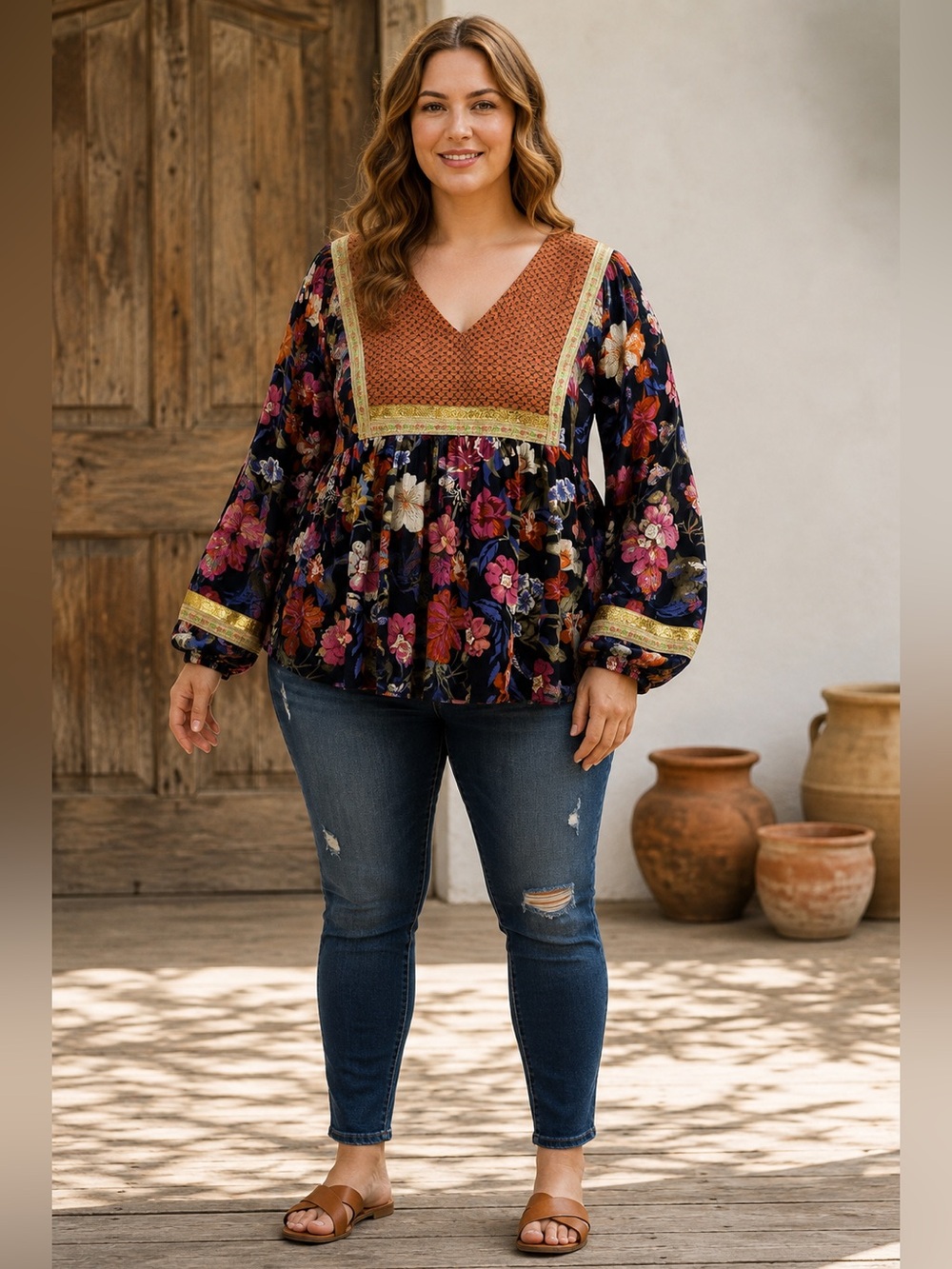 Cynthia Rowley Women’s Floral Gold V-Neck Flowy Boho Long Sleeve Blouse Size 1X